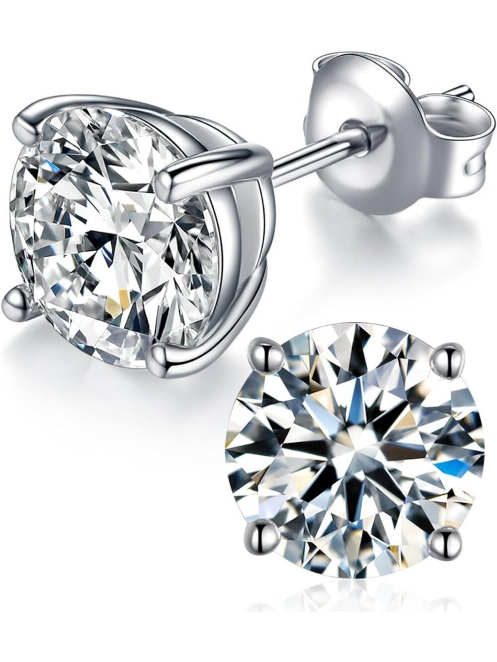Round Cut Moissanite Stud Earrings, D Color VVS1, 18K White Gold Plated, Unisex